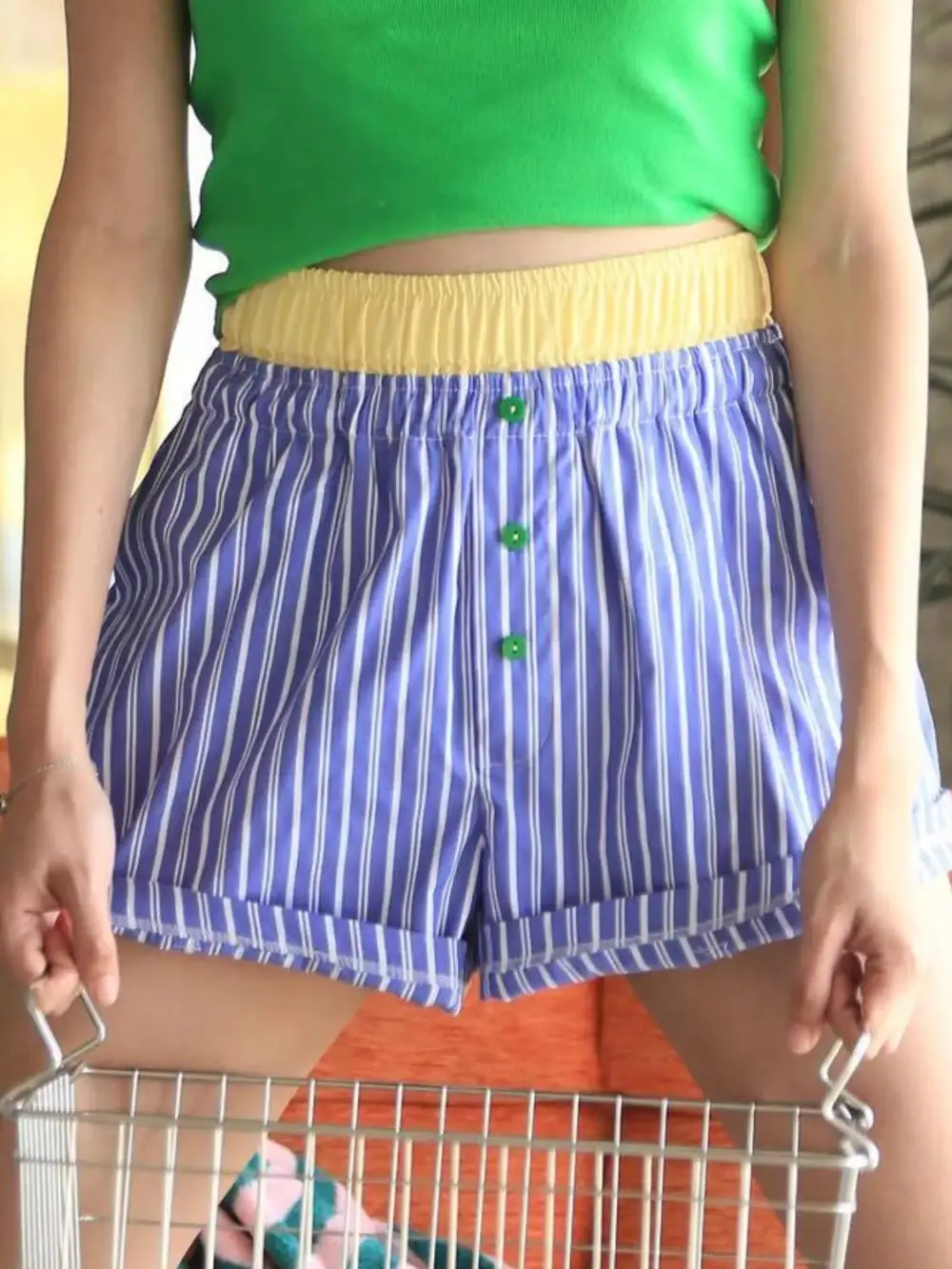 Textured Striped Elastic Waist Shorts