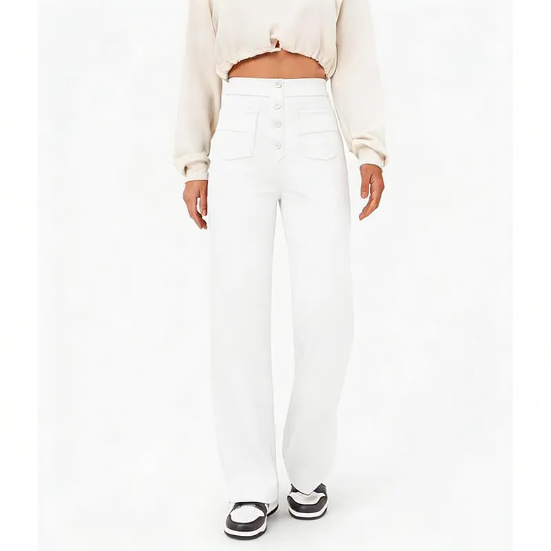 High Waisted Pockets Straight Leg Casual Pants