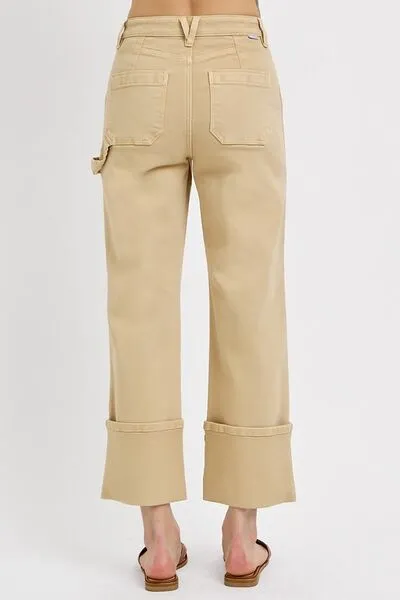 High Rise Wide Straight Cuffed Patch Denim Jeans