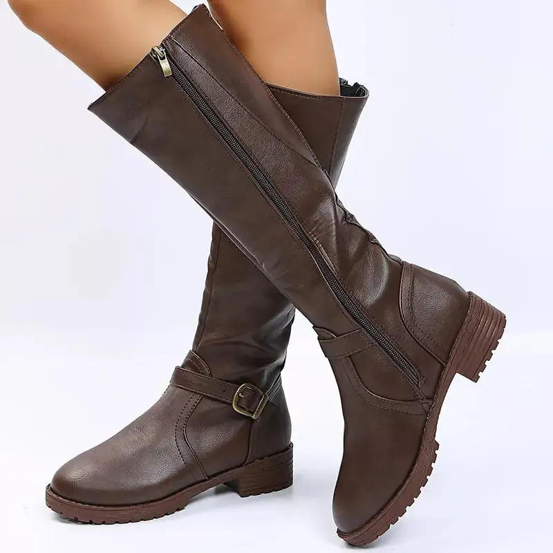 Polished Round Toe Block Heels Boots