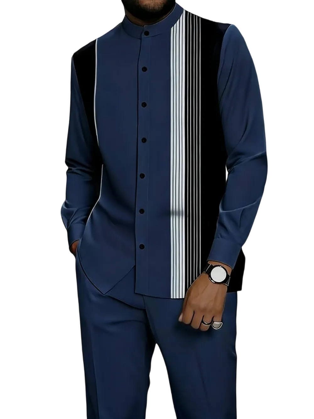Men's black and white striped button-down shirt with drawstring waist casual pants