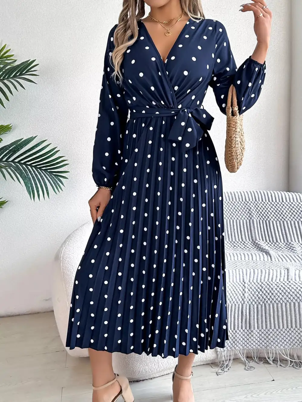 Polka Dot Pleated Midi Dress