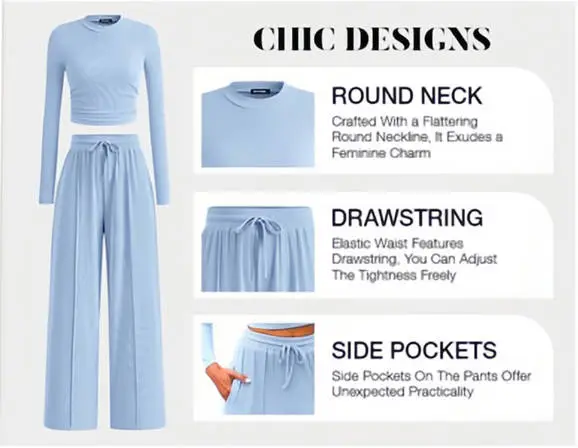 Women's 2-Piece Ribbed Knit Long Sleeve Crop Top Wide Leg Pants Matching Lounge Set Loungewear