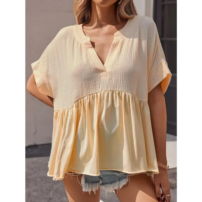 🔥 Women's Summer V-Neck Babydoll Tops | Short Sleeve Pleated Flowy Blouse