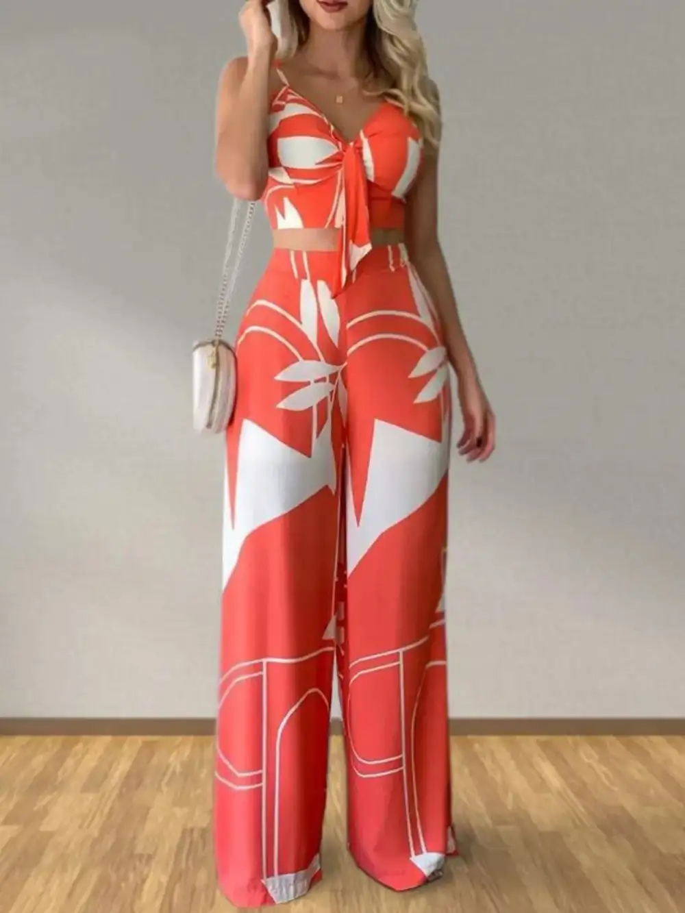 Tropical Print Spaghetti Strap Crop Top and Wide Leg