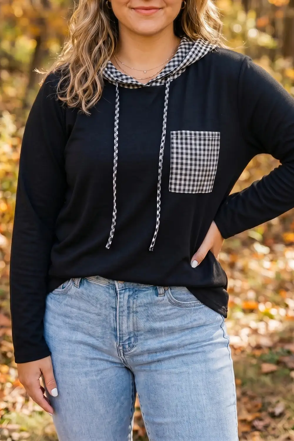 Plaid Hooded Relaxed Cotton Blend Long Sleeve Top