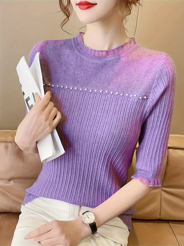 Beaded Lace Trin Knitted Top Casual Short