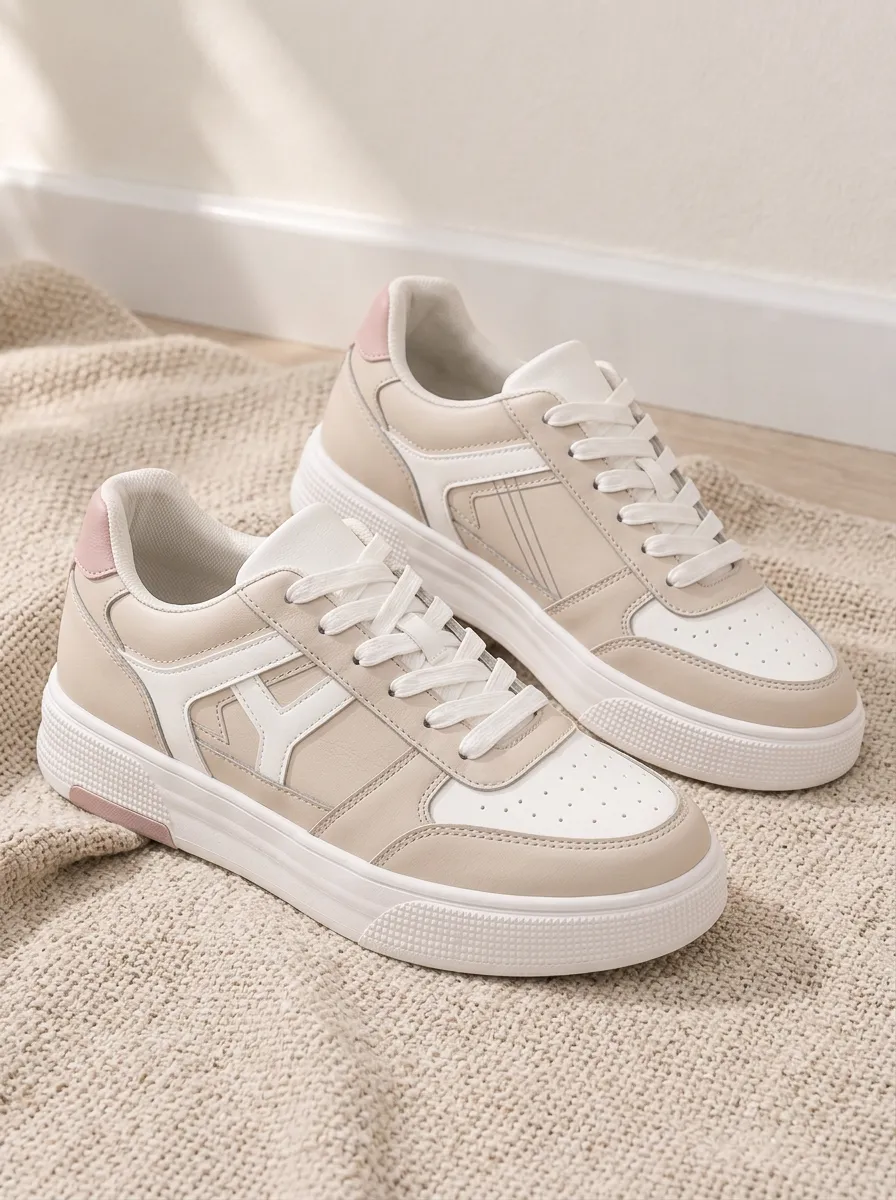 Women's Beige White Colorblock Casual Printed Sneakers
