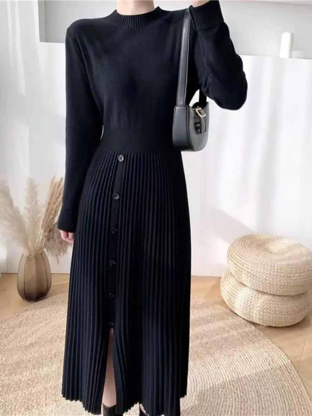 Knit Mock Neck Slit Sweater Dress