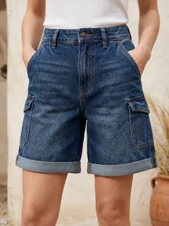 Women's Casual Style High-Waisted Cargo Pocket Rolled Hem Denim Shorts