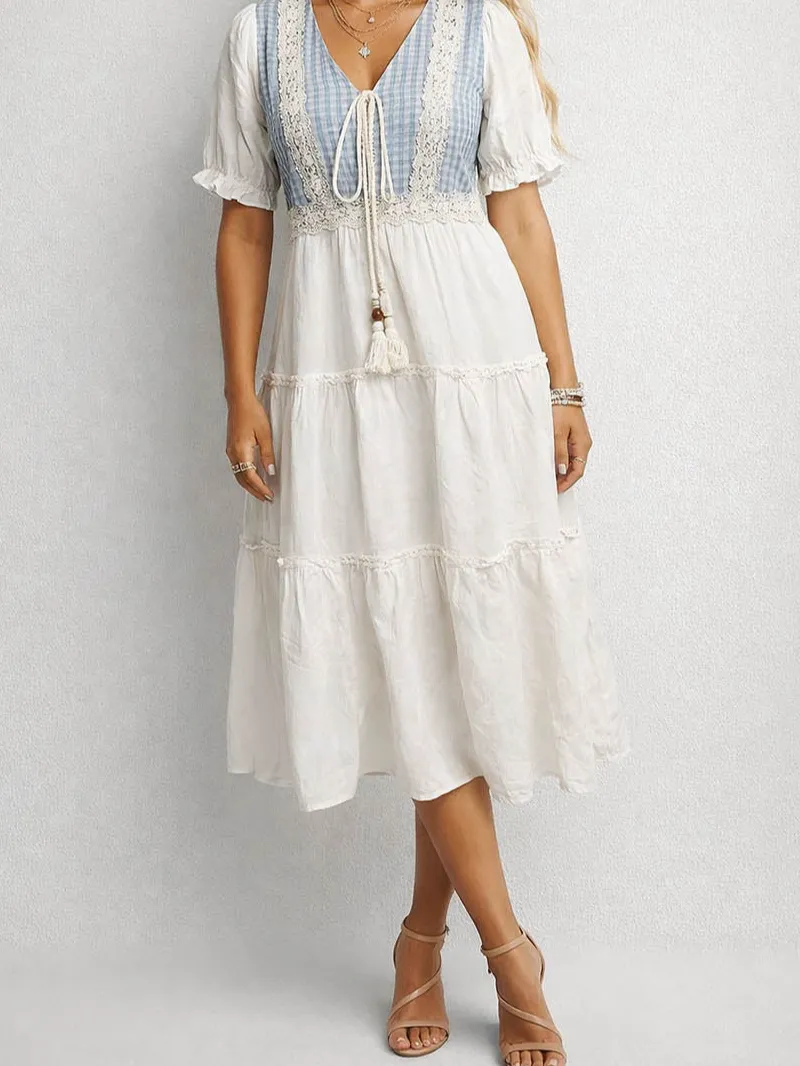 Checked Lace Crochet V Neck Puff Sleeves Tiered Midi Dress