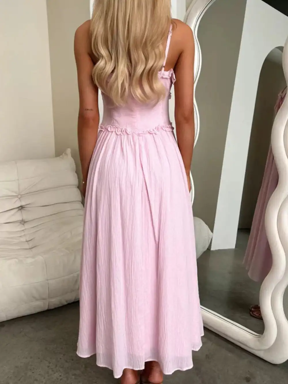 Ruffled Trimmed Spaghetti Strap Midi Dress