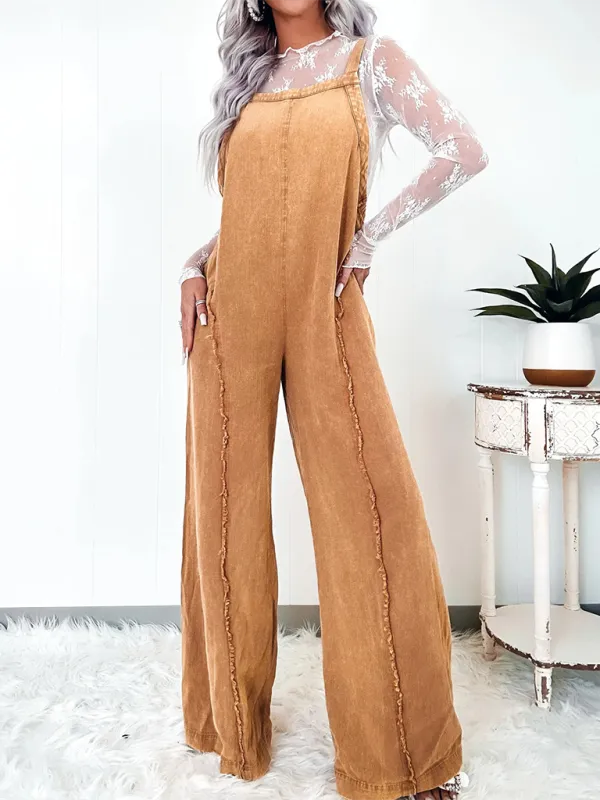 Vintage Washed Raw Edge Wide Leg Jumpsuit