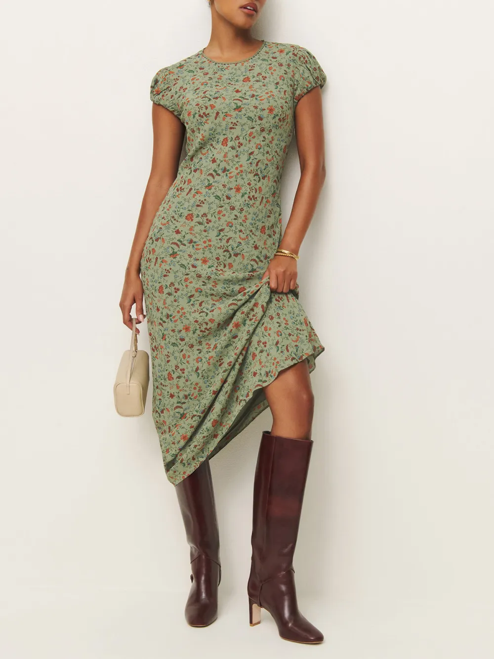 Floral Print Ruched Asymmetric Midi Dress