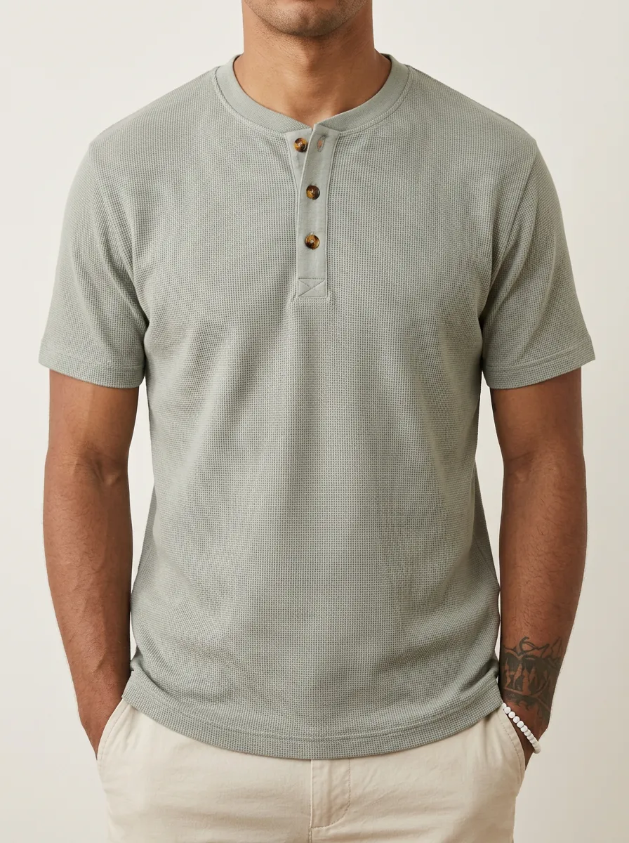 Classic Waffle-Knit Men's Short-Sleeve Henley Shirt