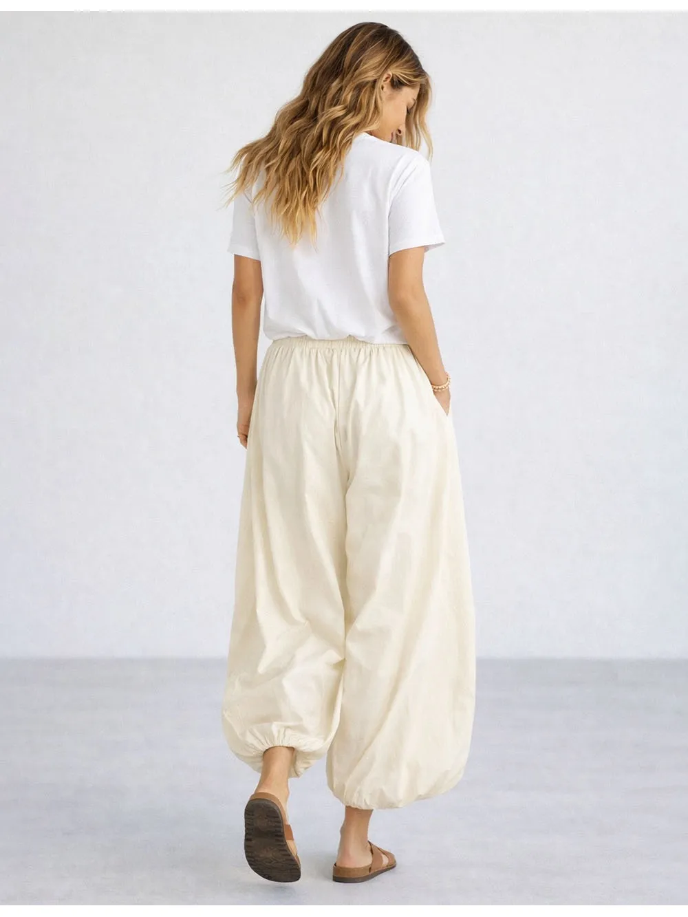 Solid Color Elastic Waist Drawstring Lantern Pants