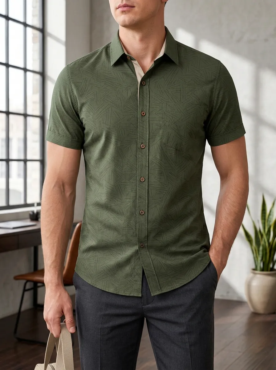 Men's Casual Olive Geometric Pattern Printed Slim Fit Shirt