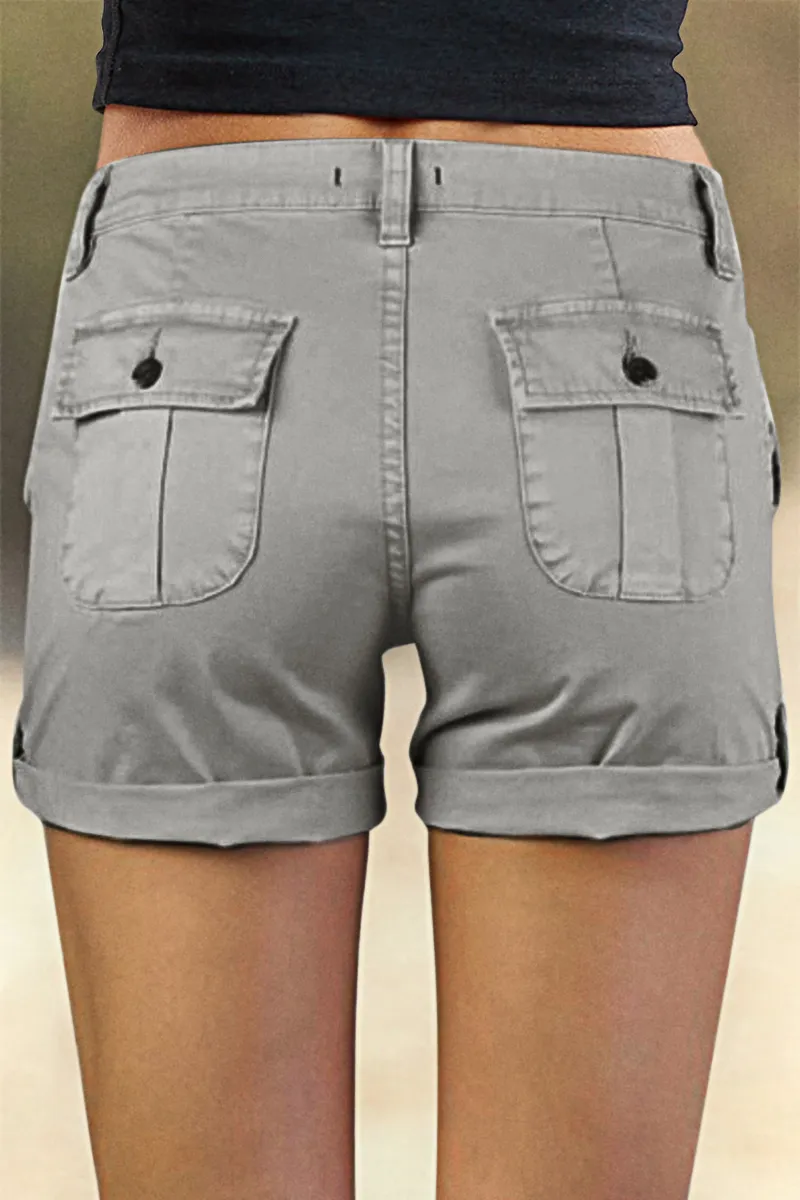Flap Pocket Roll Tab Hem Mid Waist Shorts