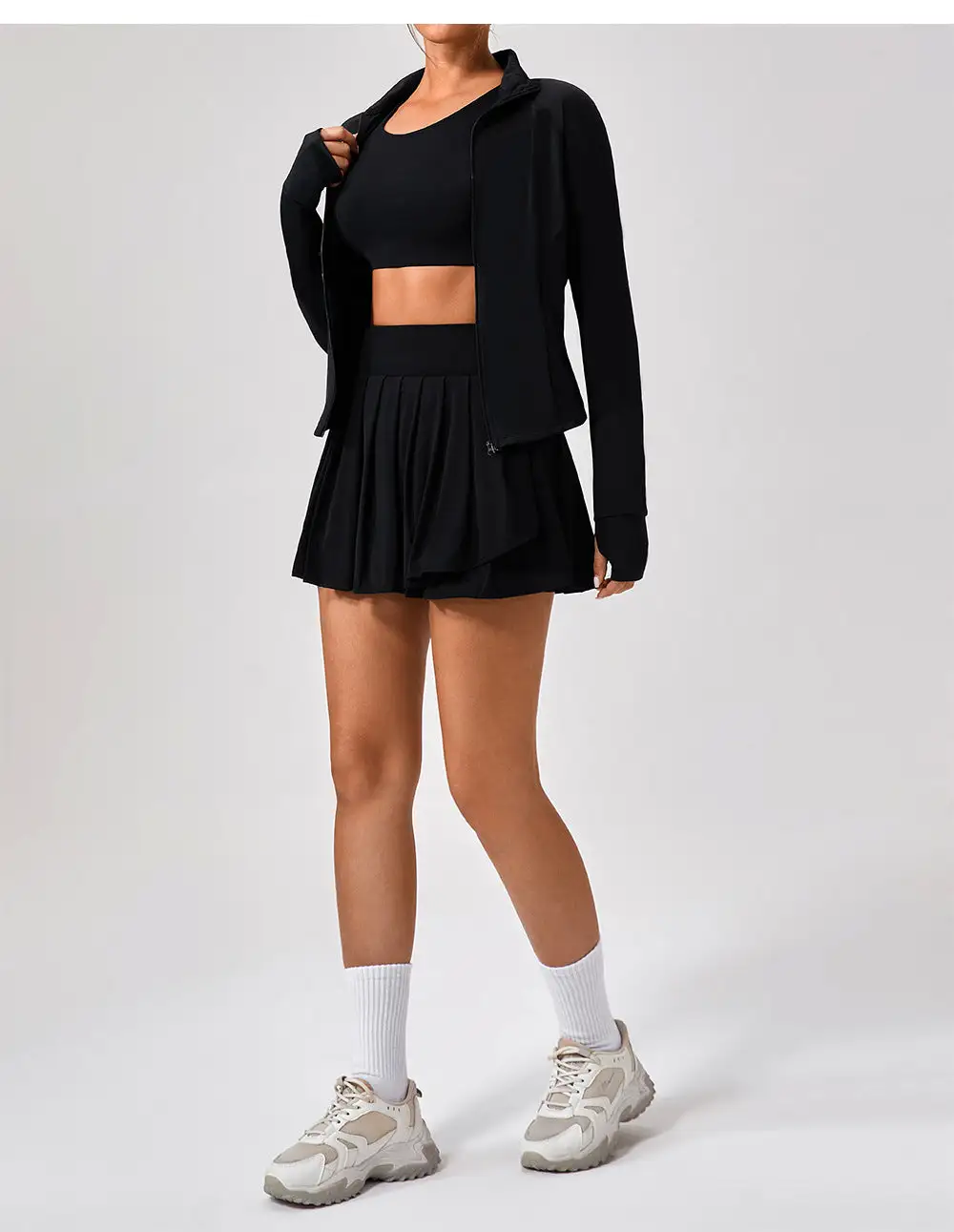 Backless Sleeveless Jacket, Bra and Skort Active Set