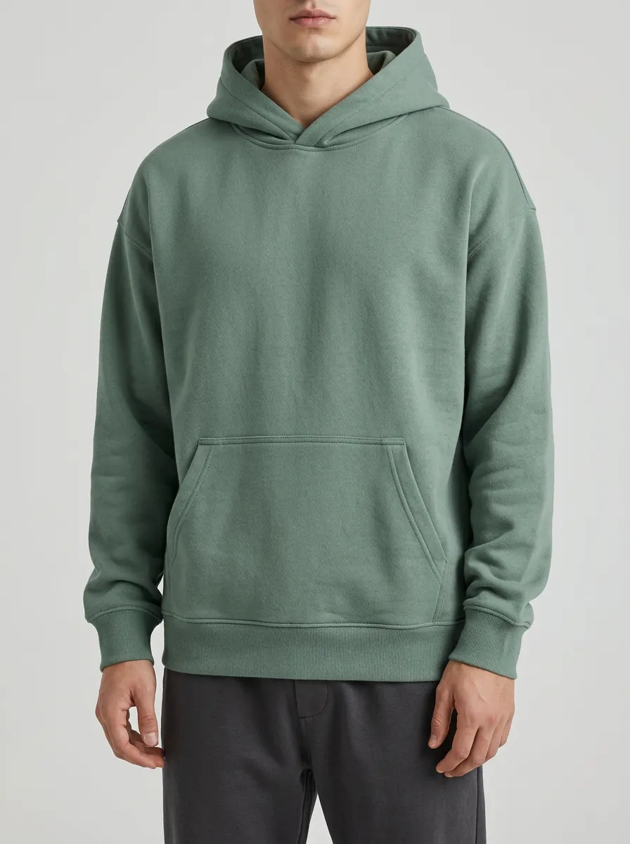 Men's Minimalist Sage Green Solid Plain Printed Hoodie