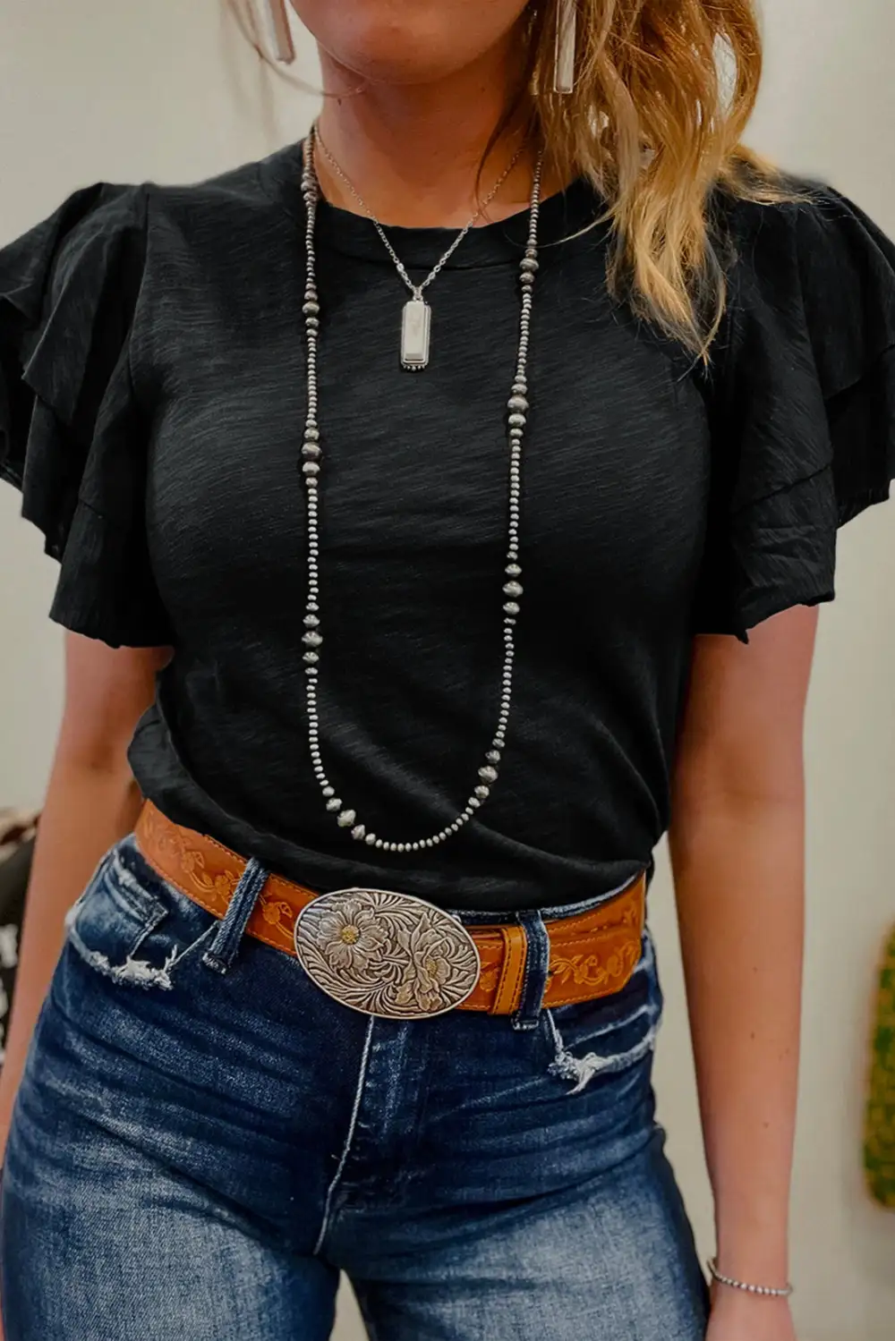 Black Layered Ruffle Short Sleeve