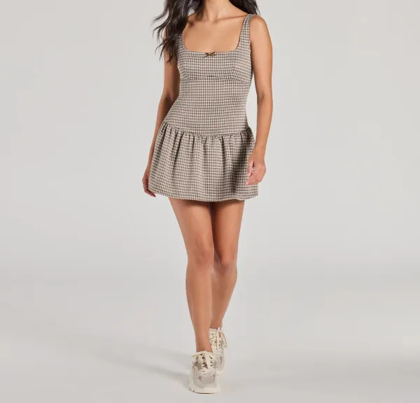 Taupe Plaid Sleeveless Mini dress
