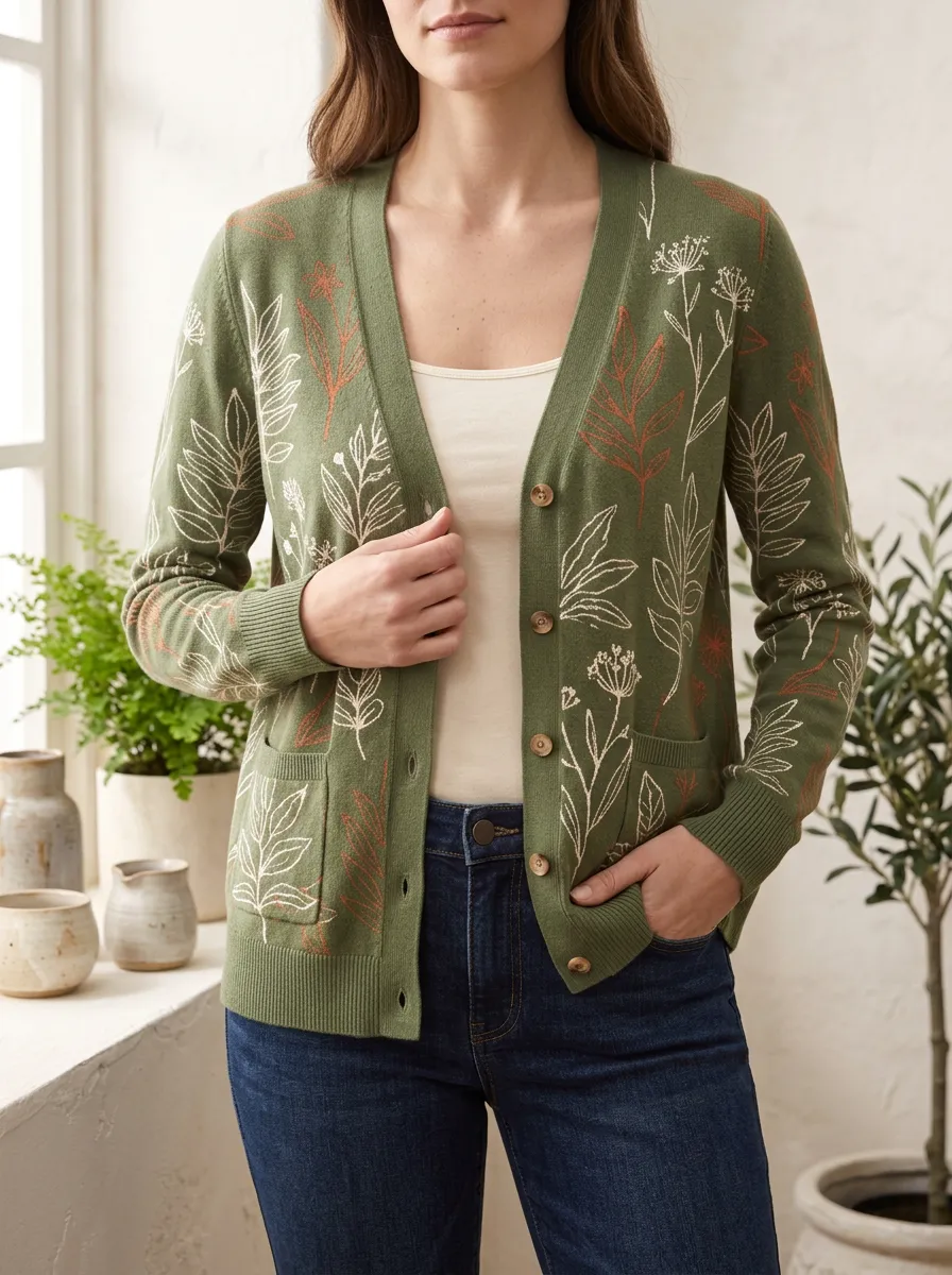 Women's Botanical Nature Lover Wildflower Printed Long Sleeve Modern Layering Cardigan