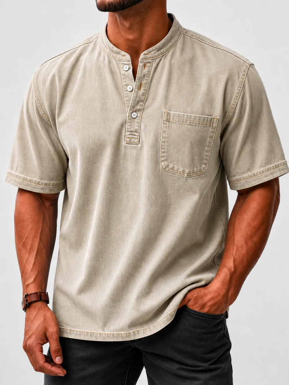 Men's Washed Stand Collar Henley Shirt