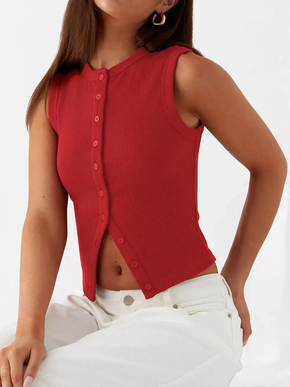 Button Up Round Neck Tank