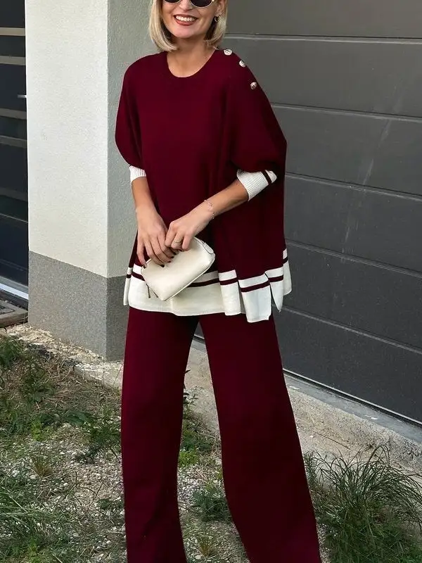 High Low Split Hem Button Detail Round Neck Long Sleeve Pullover Sweater