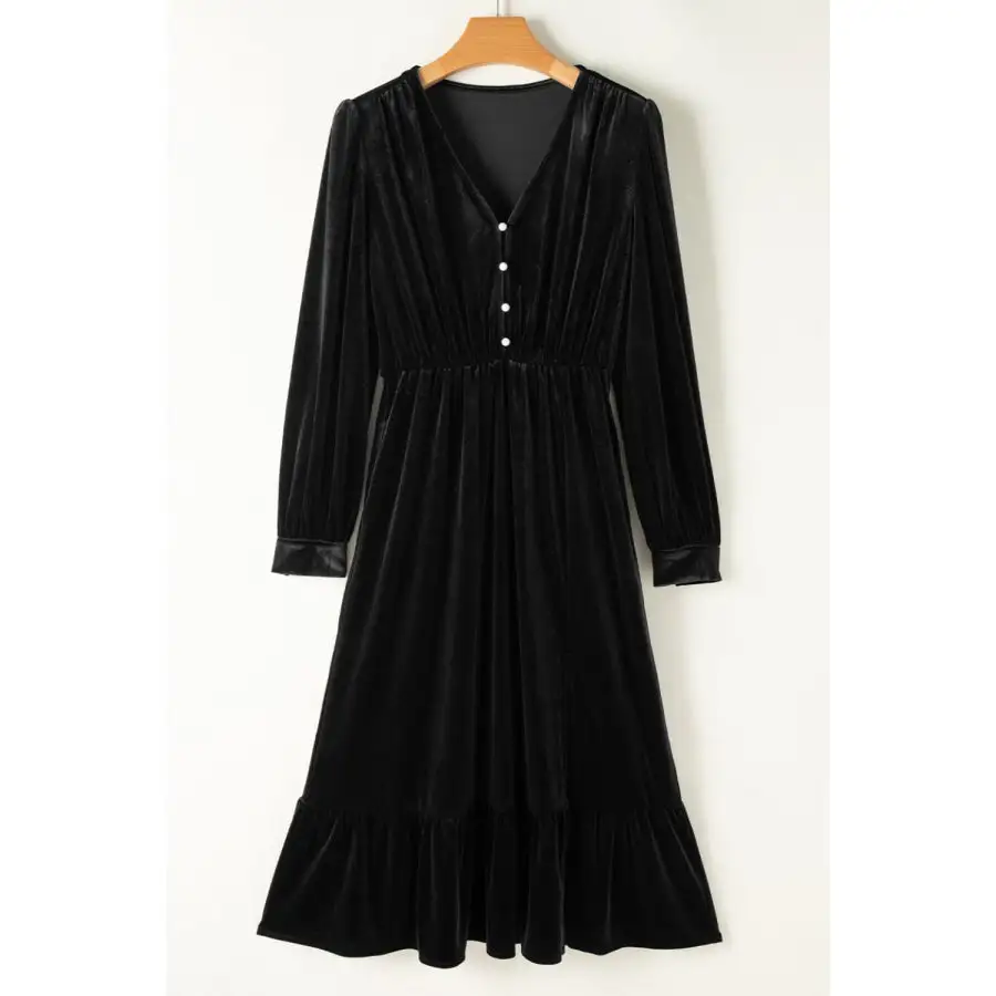 Ruffle Hem Slit V Neck Long Sleeve Dress