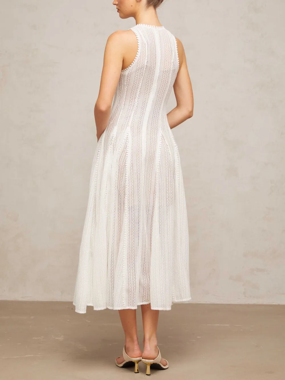 Elegant Hollow Lace Slim Sleeveless Swing Midi Dress