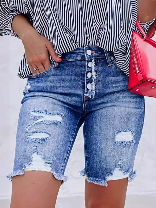 Slim Fit Buttoned Shorts Street Ripped Denim Pants