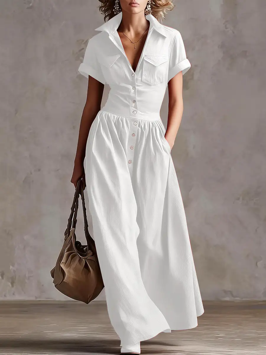 Waisted Pleated Buttoned Maxi Dress