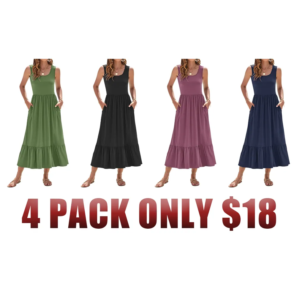 Women's Square Neck Sleeveless Floral Tiered Maxi Dress With Pockets