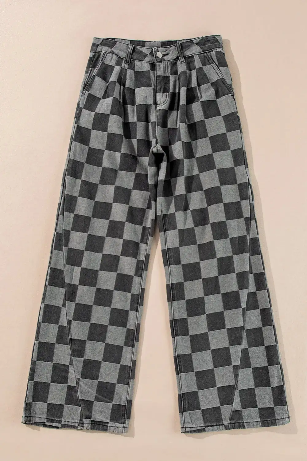 Checkered Wide Leg Pocket Denim Jeans