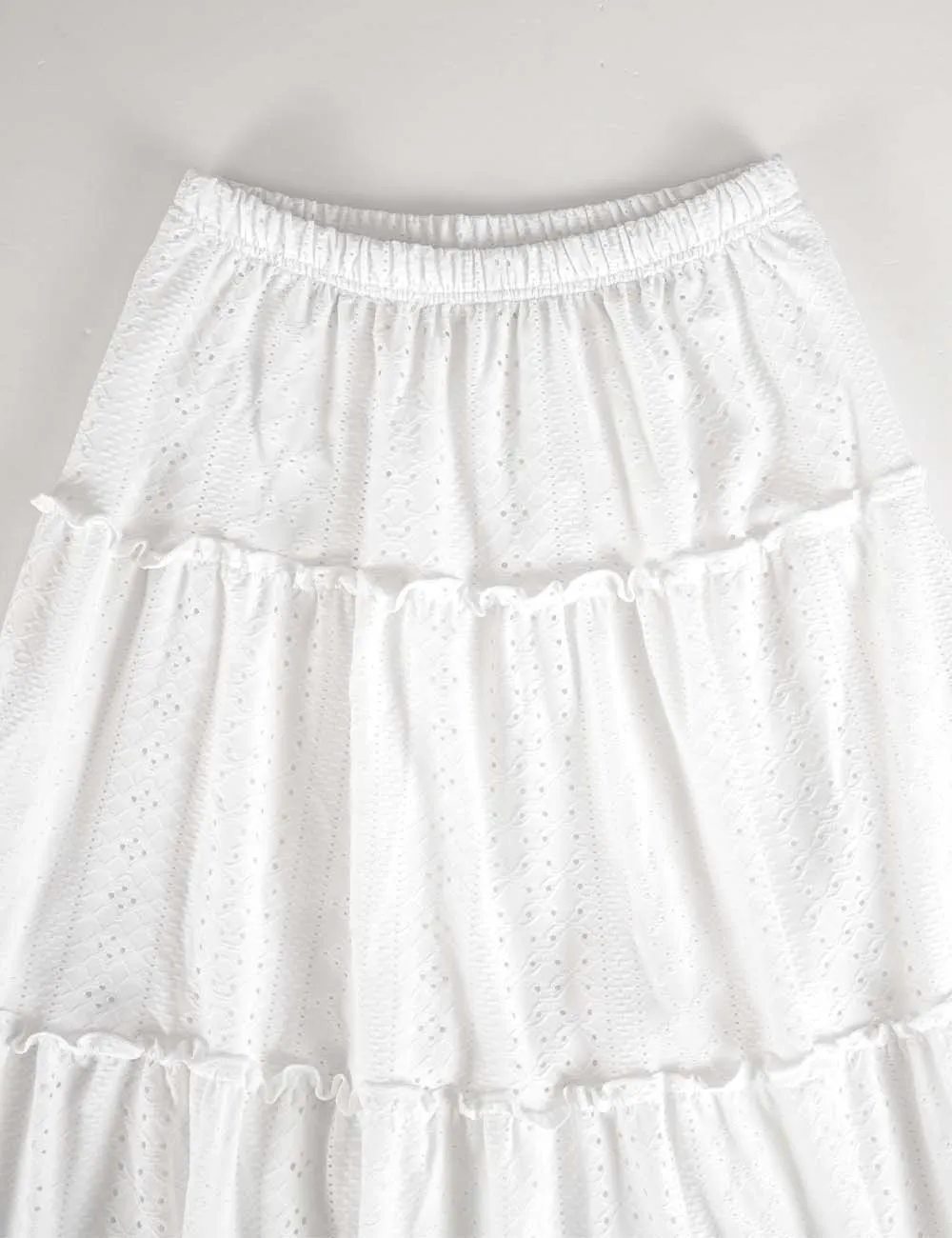 Solid Color Eyelet Tiered Ruffle Maxi Skirt