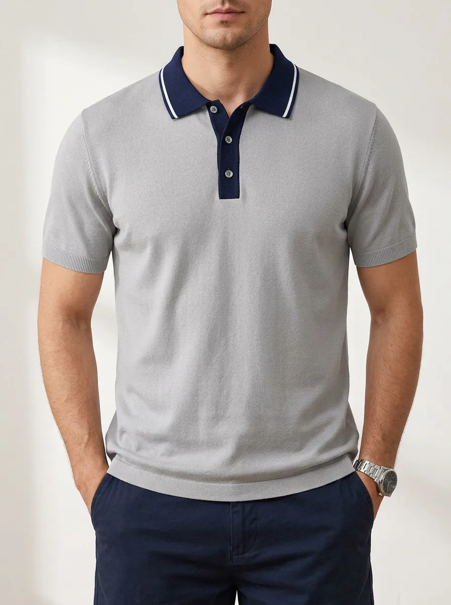 Men's Smart- Contrast-Collar Knit Polo Shirt