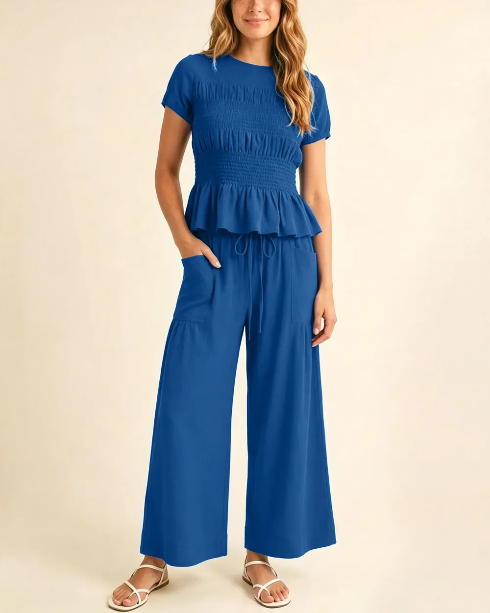 Women's 2-Piece Smocked Top and Wide-Leg Pants Set