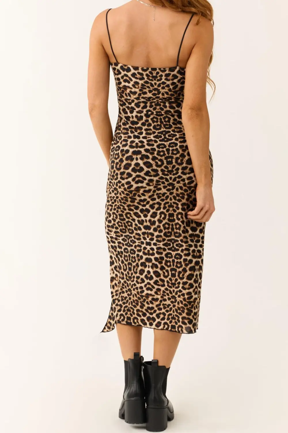 Camel Leopard Print Sleeveless Fitted Midi Dress