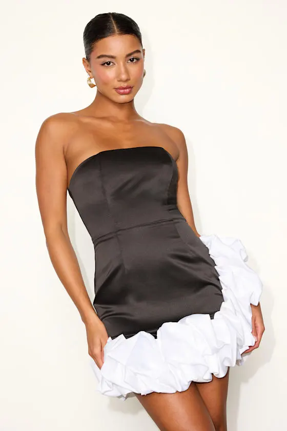 Evangela Black and White Satin Bubble-Hem Mini Dress