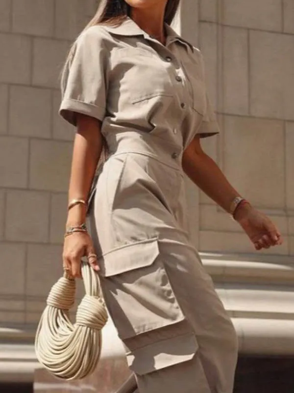 Losse Jumpsuits Met Korte Mouwen Zakken Knopen Effen