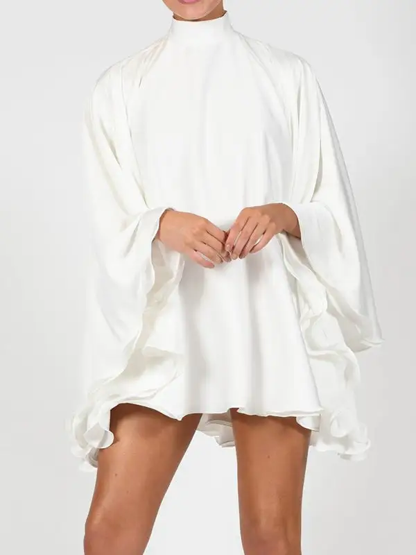Solid Color High Neck Backless Flared Sleeve Mini Dress