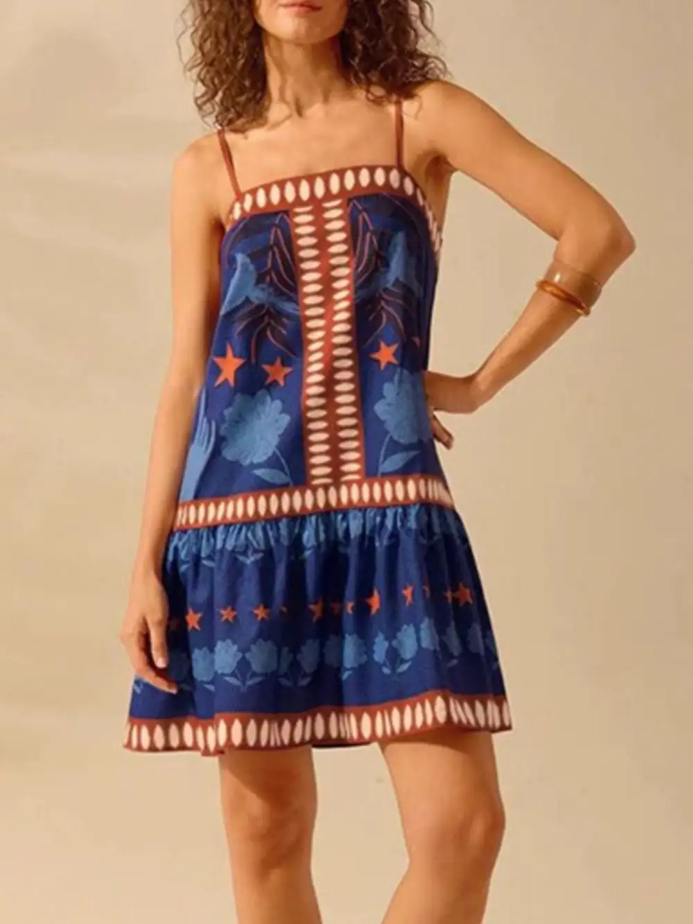 Polished Detail Printed Ruffle Mini Dress