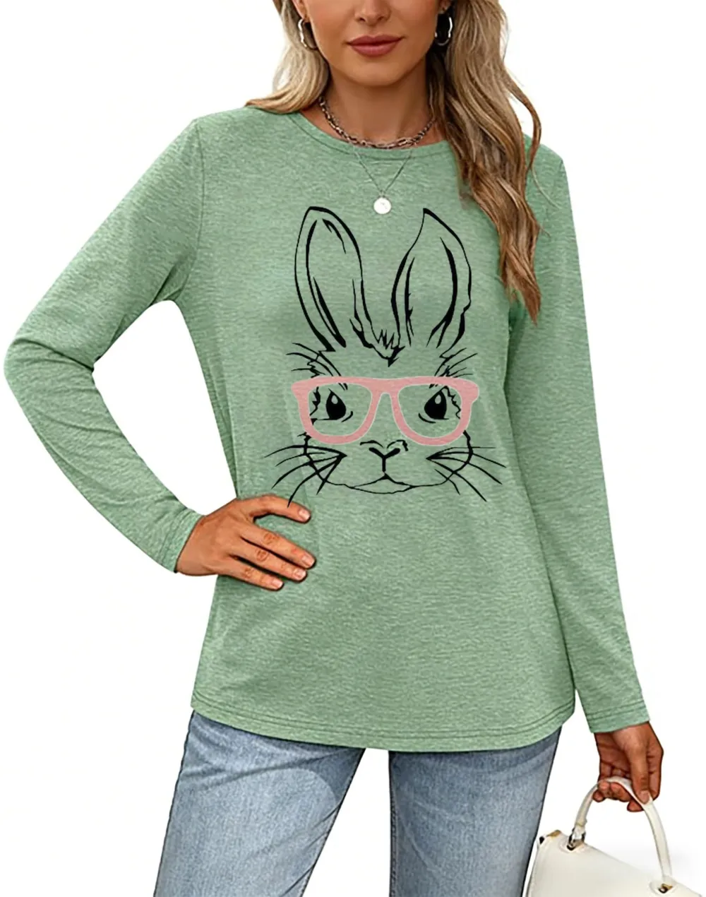 Rabbit With Glasses Print Long Sleeve T-shirt