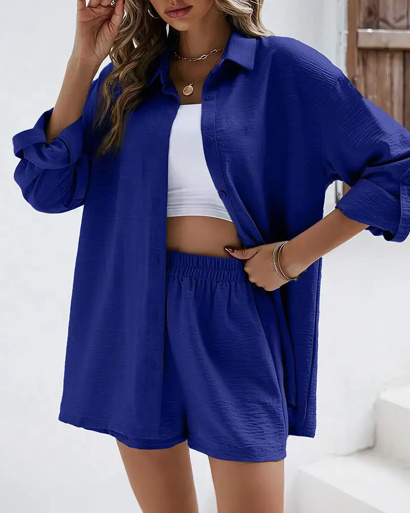 Long Sleeve Button-Down Shirt and High Waist Shorts Casual Two-Piece Set