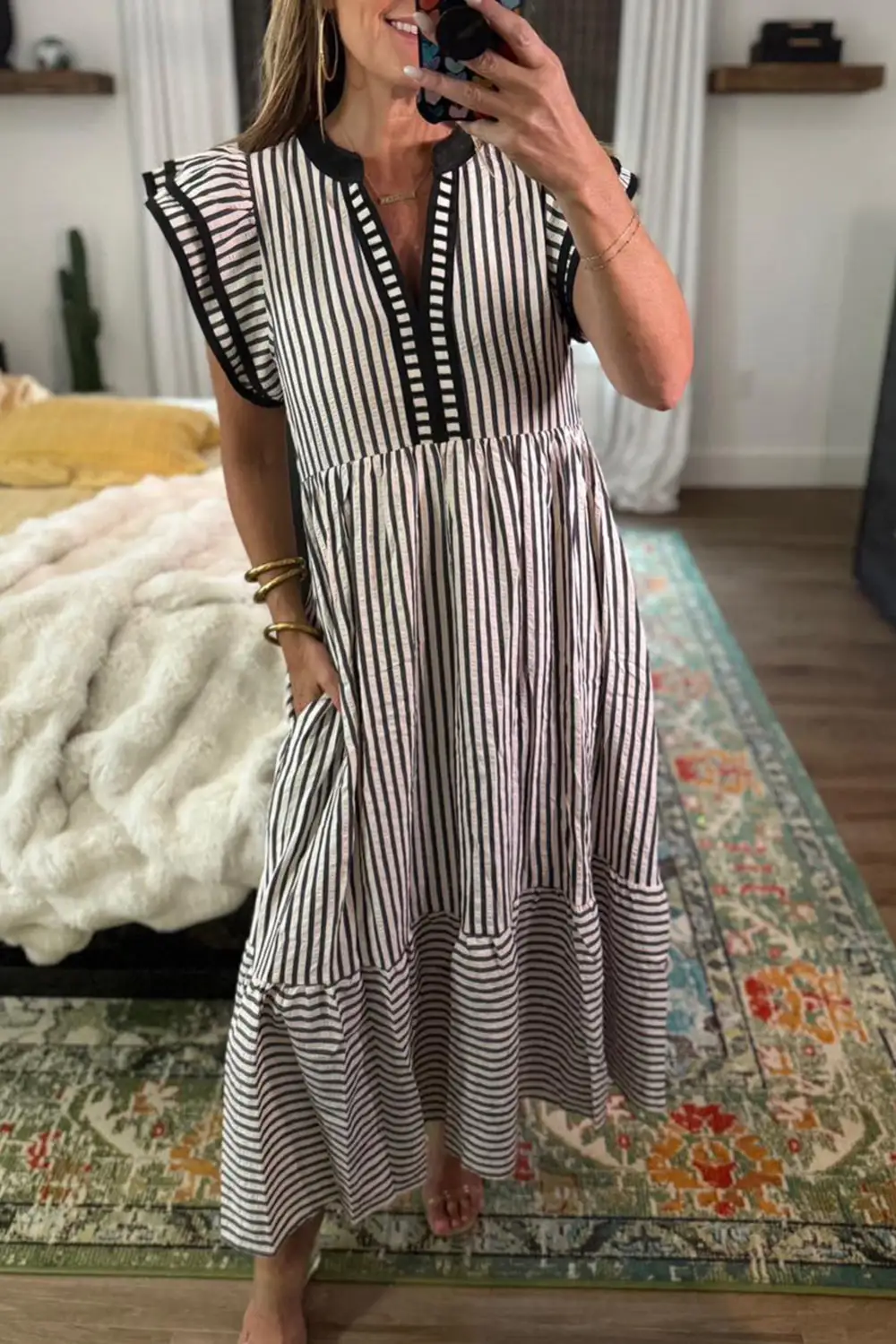 Comfort Fit Striped V Neck Ruffle Midi Dress