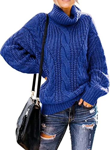 Women's 2025 Turtleneck Balloon Long Sleeve Casual Loose Chunky Cable Knit Pullover Sweater Outerwear