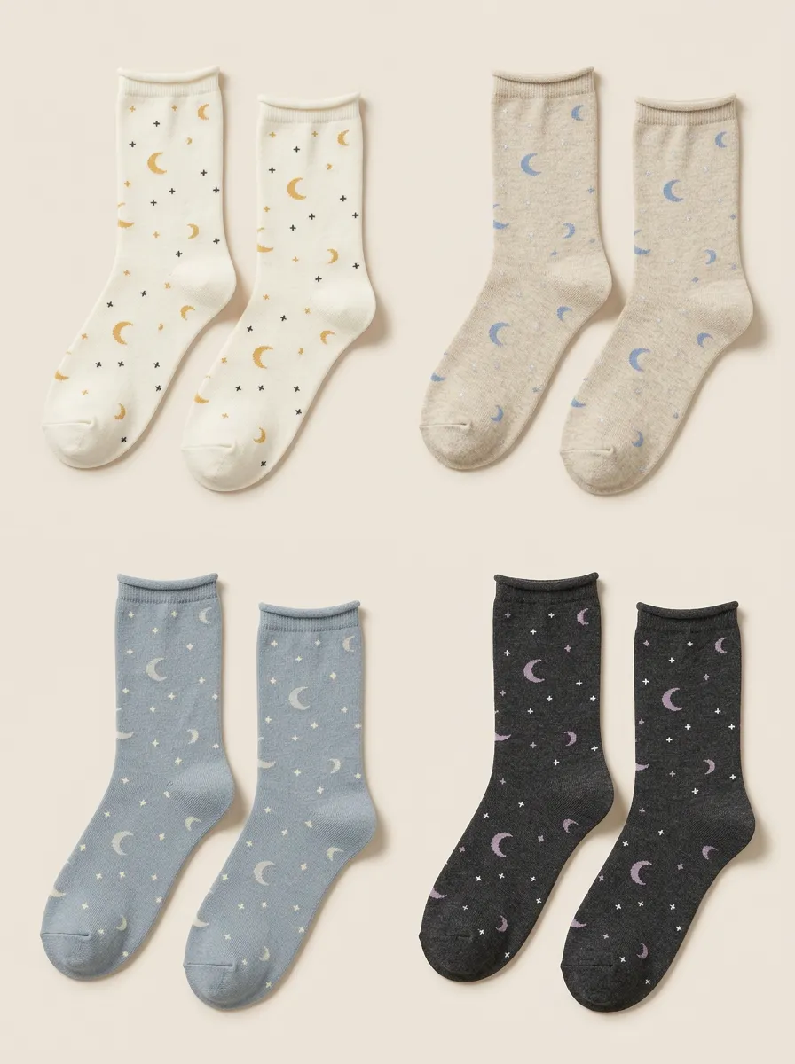 Women's Celestial Rolled Edge Mid Calf Crew Socks Four Pair Set