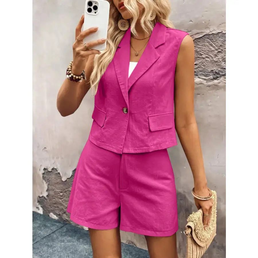 One Button Sleeveless Top and Shorts Set